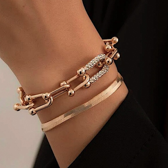GOLD RHINESTONE U LINK BRACELET 2 PIECE BRACELET SET - Picture 1 of 9